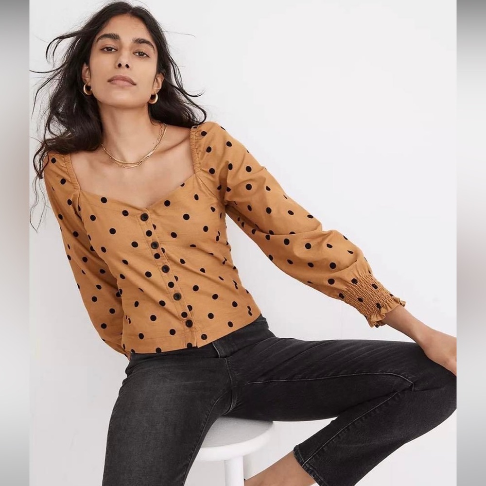 New MADEWELL Corduroy Sweetheart Smocked-Back Top in Dot Toffee Color